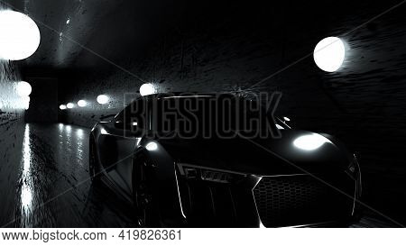 Futuristic 3d Render Highspeed Vehicle With Cybepank Silhouette Driving Along Asphalt Highway With G