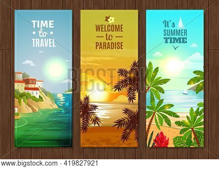 Travel Agency Paradise Vacation Vertical Banners Set With Tropical Island Coastal Village Cottages F