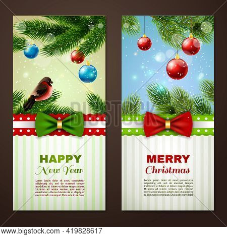 Christmas And New Year Season Classic Greetings Cards Samples 2 Vertical Banners Set Abstract Isolat
