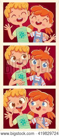 Series Of Photos From Photo Booths. Kids Fun Grimace On Camera. Funny Cartoon Character. Vector Illu