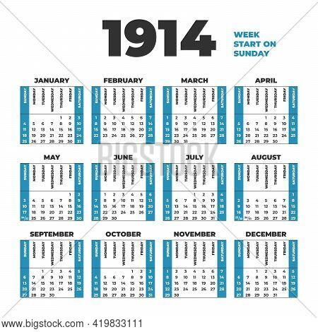 1914 Year Vector Calendar. Weeks Start On Sunday