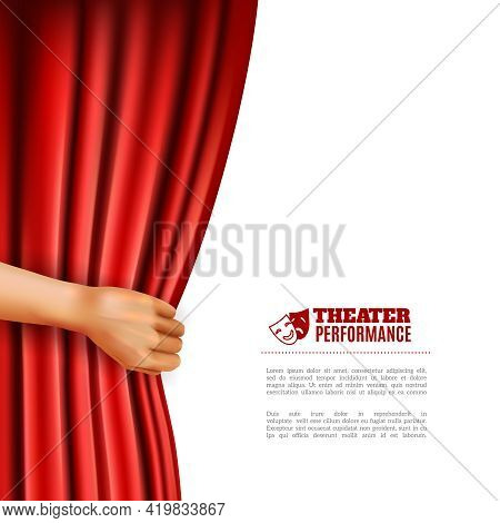 Hand Opening Red Theatre Curtain With Performance Symbols Realistic Vector Illustration