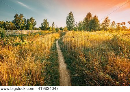 Landscape Of Rural Country Path Through Field With Dry Grass In Early Autumn Season. Pathway, Way, P