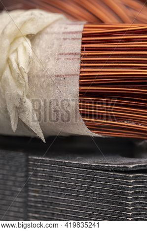 Stator Of An Electric Motor. Close Up Of A Winding Of An Electric Motor.