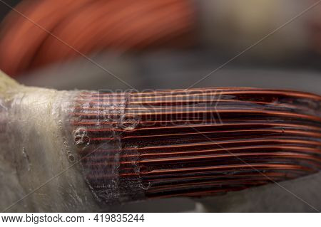 Stator Of An Electric Motor. Close Up Of A Winding Of An Electric Motor.