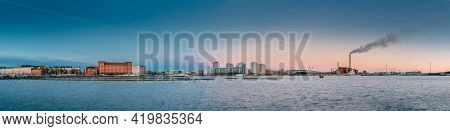Helsinki, Finland. Multistorey Residential Houses In Merihaka District In Morning Sunrise Time. Pano
