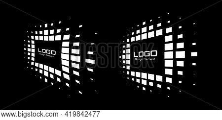 Logo Perspective Frame Set. Abstract Rectangle Dots Emblem Design Element For Technology. Distort Bo