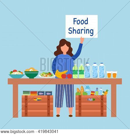 Food Sharing Concept Vector Illustration. Woman Standing With Food, Fruit And Drink On Table For Don