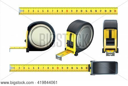 Measurement Tape. Realistic Construction Ruler, 3d Hand Builder Measuring Instruments Set. View From