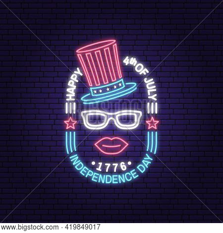 Vintage 4th Of July Design In Retro Style. Vector Fourth Of July Felicitation Neon Sign. Night Brigh