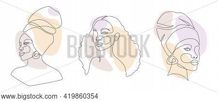 Set Of African Woman Faces In One Line Drawing. Abstract Vector Portrait Of Female In Minimalistic M