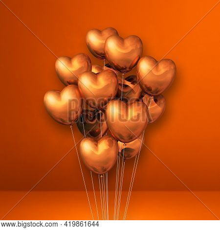 Copper Heart Shape Balloons Bunch On Orange Wall Background. 3d Illustration Render