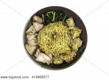 Egg Noodle With Roasted Pork And Wonton In Plate Isolated On White Background With Clipping Path.  C