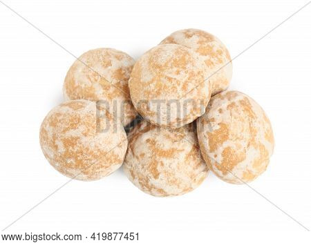 Tasty Homemade Gingerbread Cookies On White Background, Top View