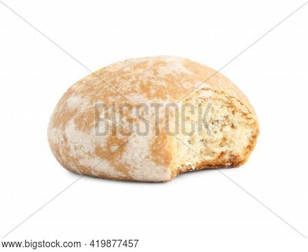 Tasty Bitten Gingerbread Cookie On White Background