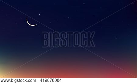 Ramadan Kareem Card Design Background In Dramatic Night With Crescent Moon,star With Blue, Purple An