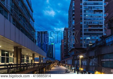 Madrid - May  1, 2021: Wide-angle View Of The Alleys And Modern Buildings In The Azca Business And F