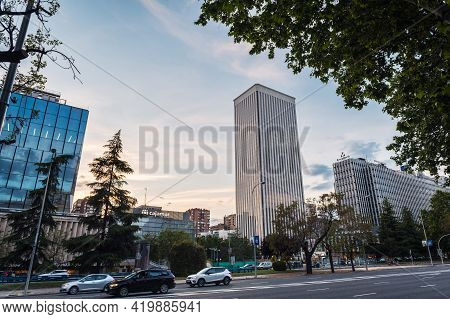 Madrid - May 2, 2021: Wide-angle View Of Azca Business And Financial District In Madrid At Dusk As S