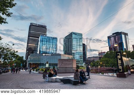 Madrid - May 2, 2021: Wide-angle View Of Azca Business And Financial District In Madrid At Dusk, Spa