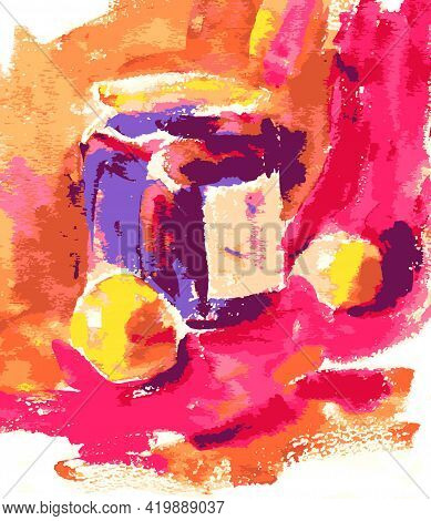 Watercolor Drawing Of Stillife With Jam Pot And Yellow Apples On Red Drapery