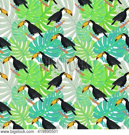Toucan. Tropical Bird. Monstera Leaves. Seamless Pattern With Toucans And Green Exotic Leaves . Stoc