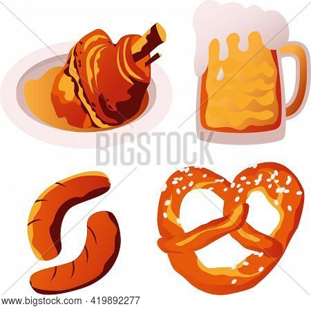 Tradition Bavarian Food. Vector Illustration Pork Knuckle,beer,sausages,pretzel