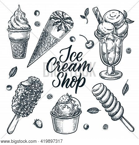 Ice Cream Shop Design Elements Set Isolated On White Background. Vector Hand Drawn Sketch Illustrati