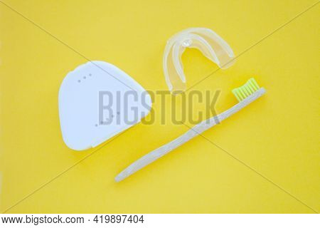 Bamboo Tooth Brush. Dental Bleaching System. Teeth Whitening Accelerator. Flat Lay Composition Space