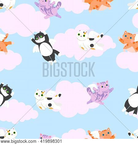 Angels Cats. Seamless Pattern With Kittens. Tricolor, Striped And Red Cats. Tabby Cat. Stock Vector 