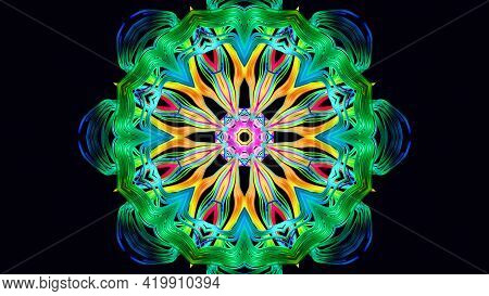 Pattern As Flower Or Star. Abstract Bg With Grows Rainbow Colors Lines Pattern Like Symmetrical Radi
