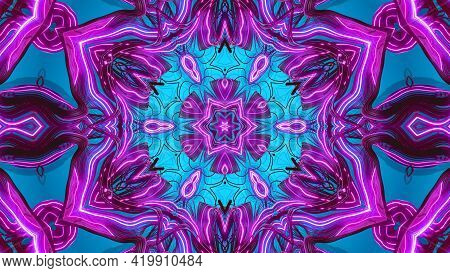 Kaleidoscope With Purple Neon Flash Ligts. Abstract Loopes Bg With Flashing Lines Pattern Like Ornam