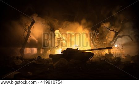 War Concept. Military Silhouettes Fighting Scene On War Fog Sky Background, World War Soldiers Silho
