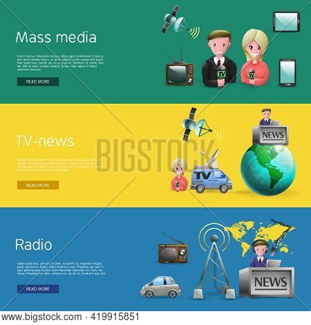 Horizontal Banners Set Of Mass Media Industry With News Presenters Tv And Radio Broadcasting Cartoon
