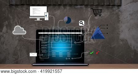 Mock Up Laptop Conputer On Desk In Modern Office With Icon. Web Desinger, Develop, Ux Ui Concept.