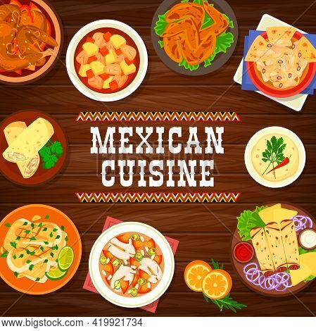 Mexican Cuisine Seafood And Meat Meals Banner. Chicken In Chocolate Sauce, Chicken Stew And Chili Wi