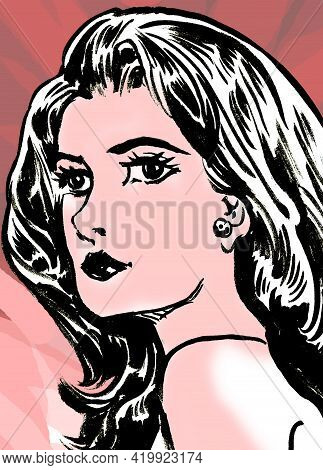 Close Up Woman Face Of Comix Illustration With Digital Art