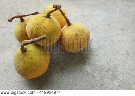 Copy Space Fresh Ripe Santol Or Sentul Fruit (sandoricum Koetjape) Isolated On On Cement Floor Backg