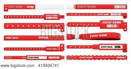 Event Bracelet Realistic Mockups Of Isolated Vector Access Wristbands, White And Red Plastic Wrist B