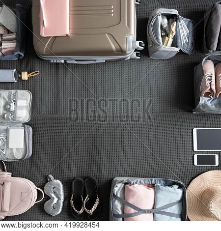 Top View Suitcase Baggage Packing Organization Use Konmari Method Frame Empty Space Trip Vacation
