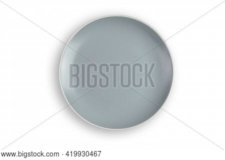 Top View (flat Lay) Of Empty Plate Dish Round Ceramic Isolated On Clean White Background View. Clipp