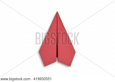 Clipping Path. Top View(flat Lay) Of Red Color Paper Plane Isolated On White Background. Paper Plane