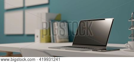 3D Rendering, Workspace With Laptop, Books, Office Supplies And Copy Space In Home Office Room