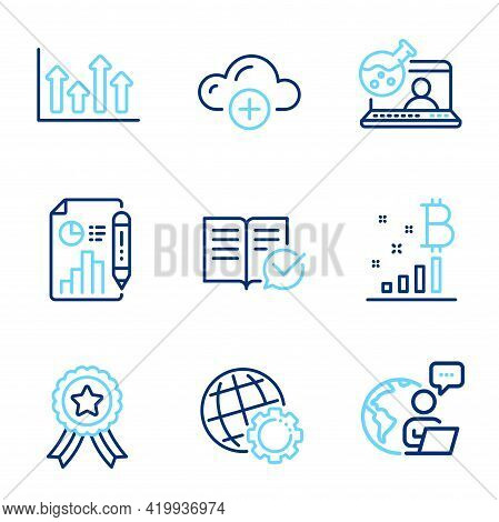 Education Icons Set. Included Icon As Globe, Upper Arrows, Winner Ribbon Signs. Approved Documentati