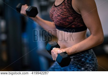 Girl with Dumbbells is Engaged in the Gym. Reduces Weight. Body Care. Body Building. Strong Muscles. Healthy Sports Lifestyle.
