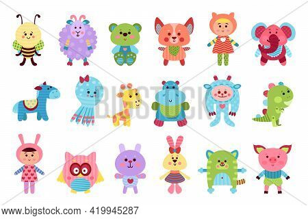 Fluffy Toy Sewn From Textile And Stuffed With Flexible Material For Kids Vector Set