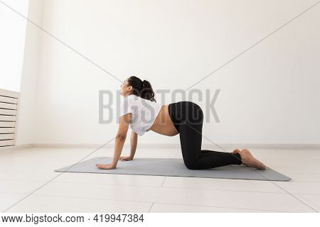 Young Flexible Pregnant Woman Doing Gymnastics On Rug On The Floor On White Background. The Concept 