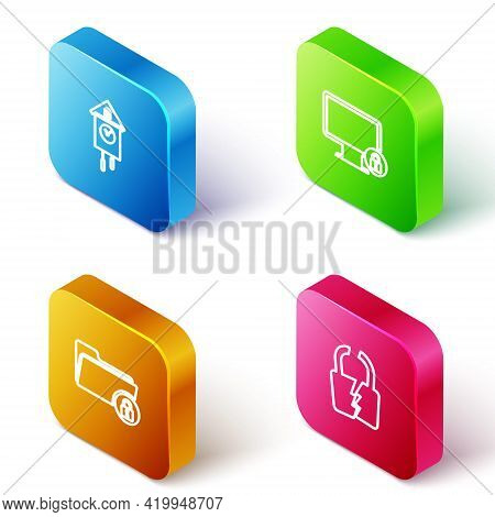 Set Isometric Line Retro Wall Watch, Lock On Monitor, Folder And Lock And Broken Cracked Icon. Vecto