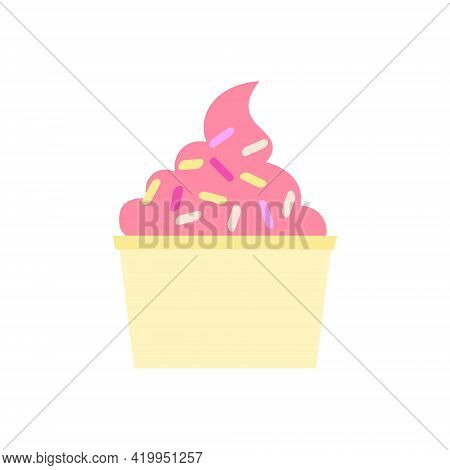 Flat Vector Illustration Of Paper Cup With Strawberry, Raspberry Soft Serve Ice Cream Or Gelato Or F