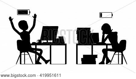 Male Black Silhouette, Businessman Or Office Worker Empty, Full, Battery. Administrative Manager Per