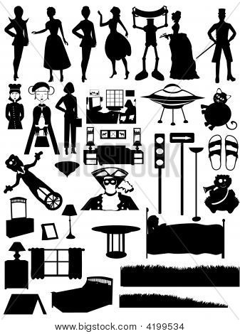 Random Silhouettes Set, Steampunk, People, Furniture, Fixtures, Scenes, Active